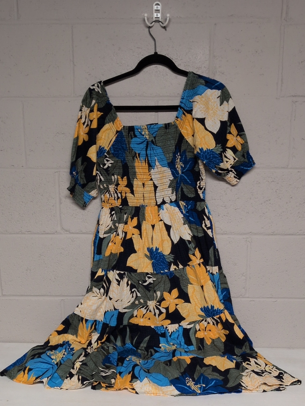 Land's End Smocked Cotton Dobby Midi Puff Sleeve Dress Navy Floral, XS, Coastal - Picture 7 of 10